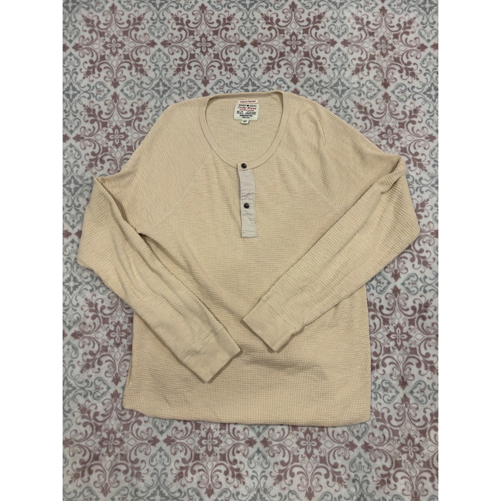 Lucky Brand Mens Lived In Thermal Henley Shirt Beige Waffle Knit Medium